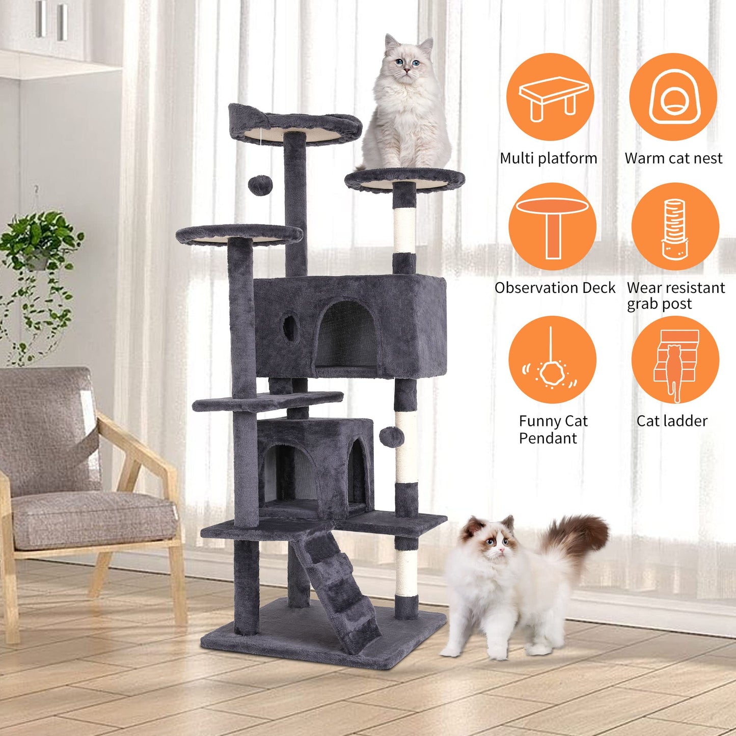 BestPet 54in Cat Tree Tower for Indoor Cats,Multi-Level Furniture Activity Center with Scratching Posts Stand House Condo Funny Toys Kittens Pet Play House,Dark Gray