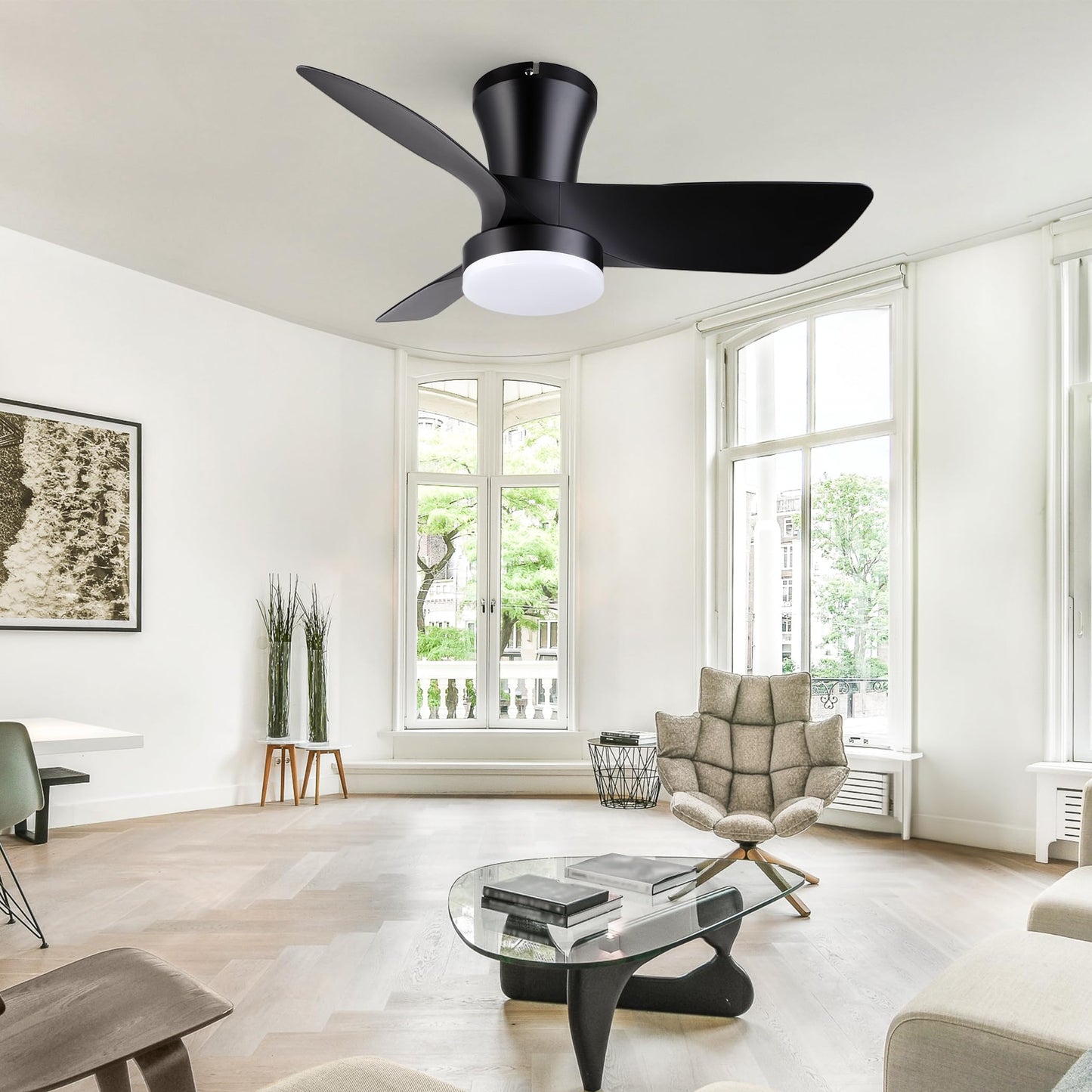 SUNMORY Ceiling Fans with Lights and Remote, 30 inch Low Profile Ceiling Fan with Light, Modern Flush Mount Ceiling Fan for Bedroom/Kitchen/Dining Room/Patio, 6 Wind Speeds, Dimmable, White