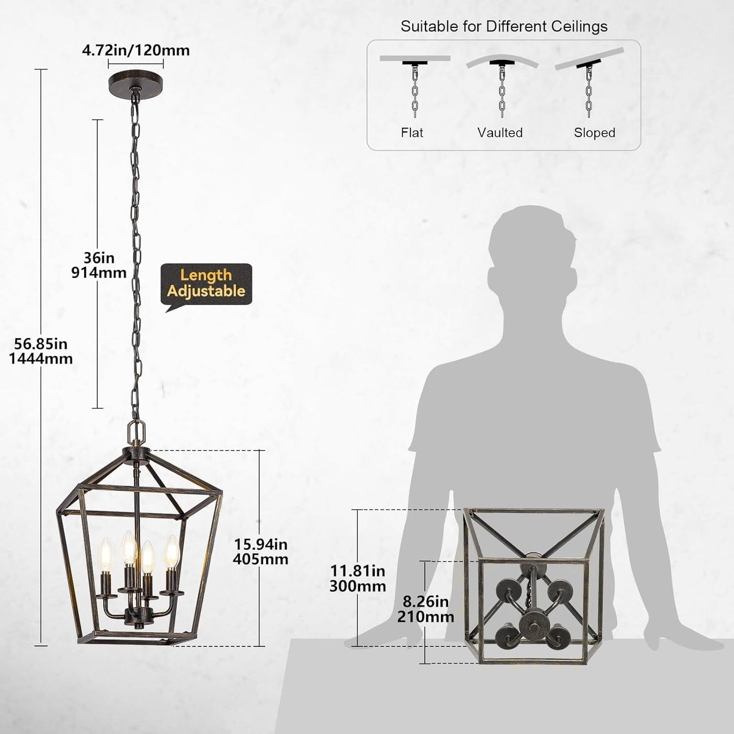 4 Light Chandelier Lighting, Industrial Ceiling Light Black Lantern