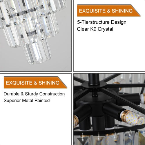Large Black Crystal Chandelier, Contemporary Style Chandelier, Dining Room, Living Room, Bedroom - Bulb Not Included