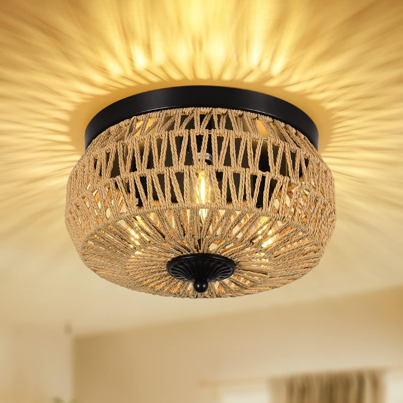 3 Lamp Woven Rattan Recessed Chandelier Lamp Fixture With Handmade Cage Lampshade For Bedroom, Kitchen, Hallway, Porch