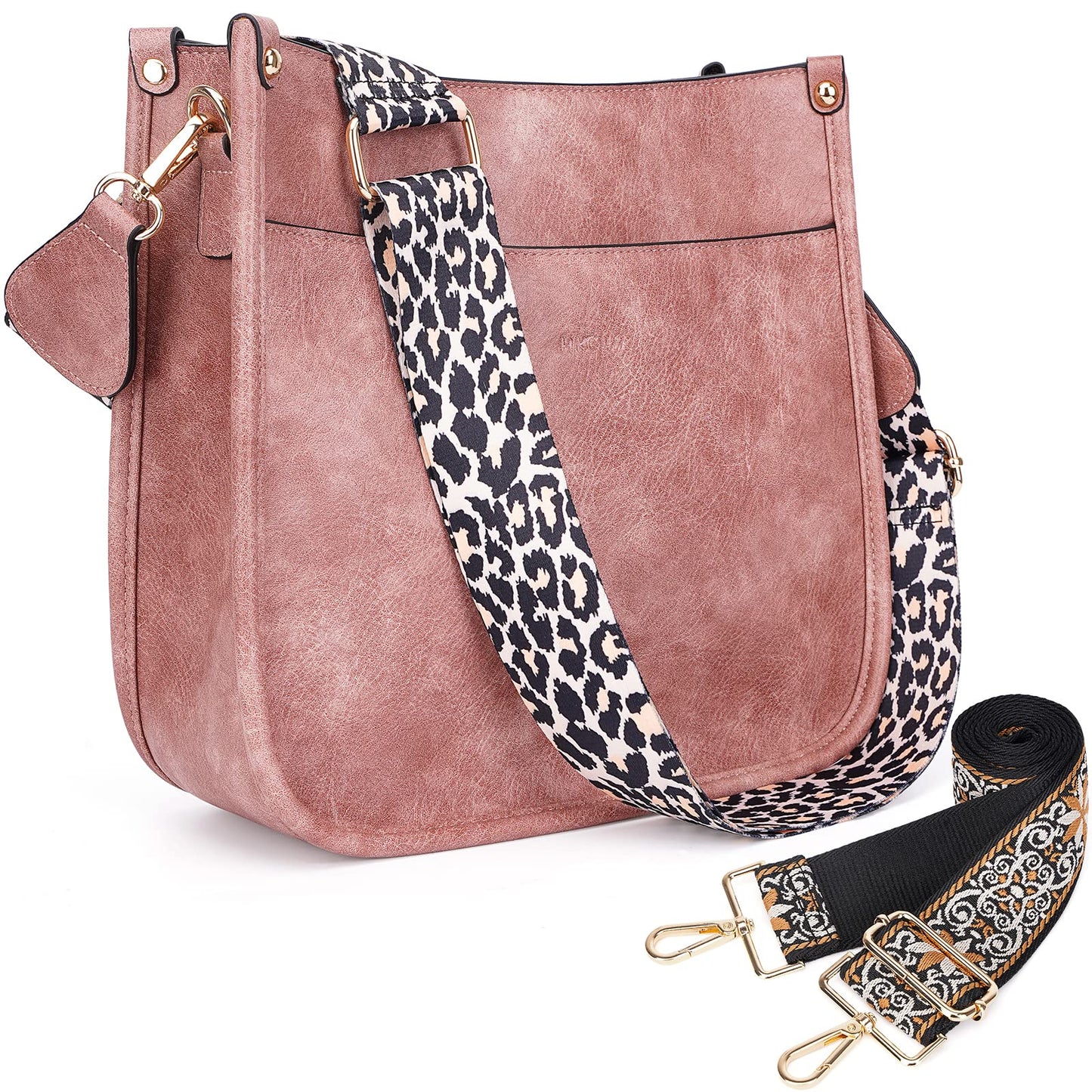HKCLUF Crossbody Bags for Women Trendy Vegan Leather Hobo Handbags With 2PCS Adjustable Guitar Strap Shoulder Bucket Bags