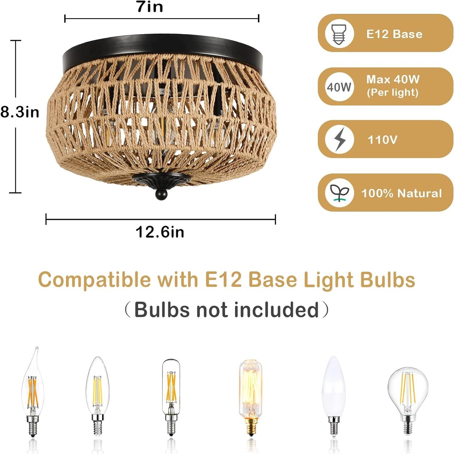 3 Lamp Woven Rattan Recessed Chandelier Lamp Fixture With Handmade Cage Lampshade For Bedroom, Kitchen, Hallway, Porch