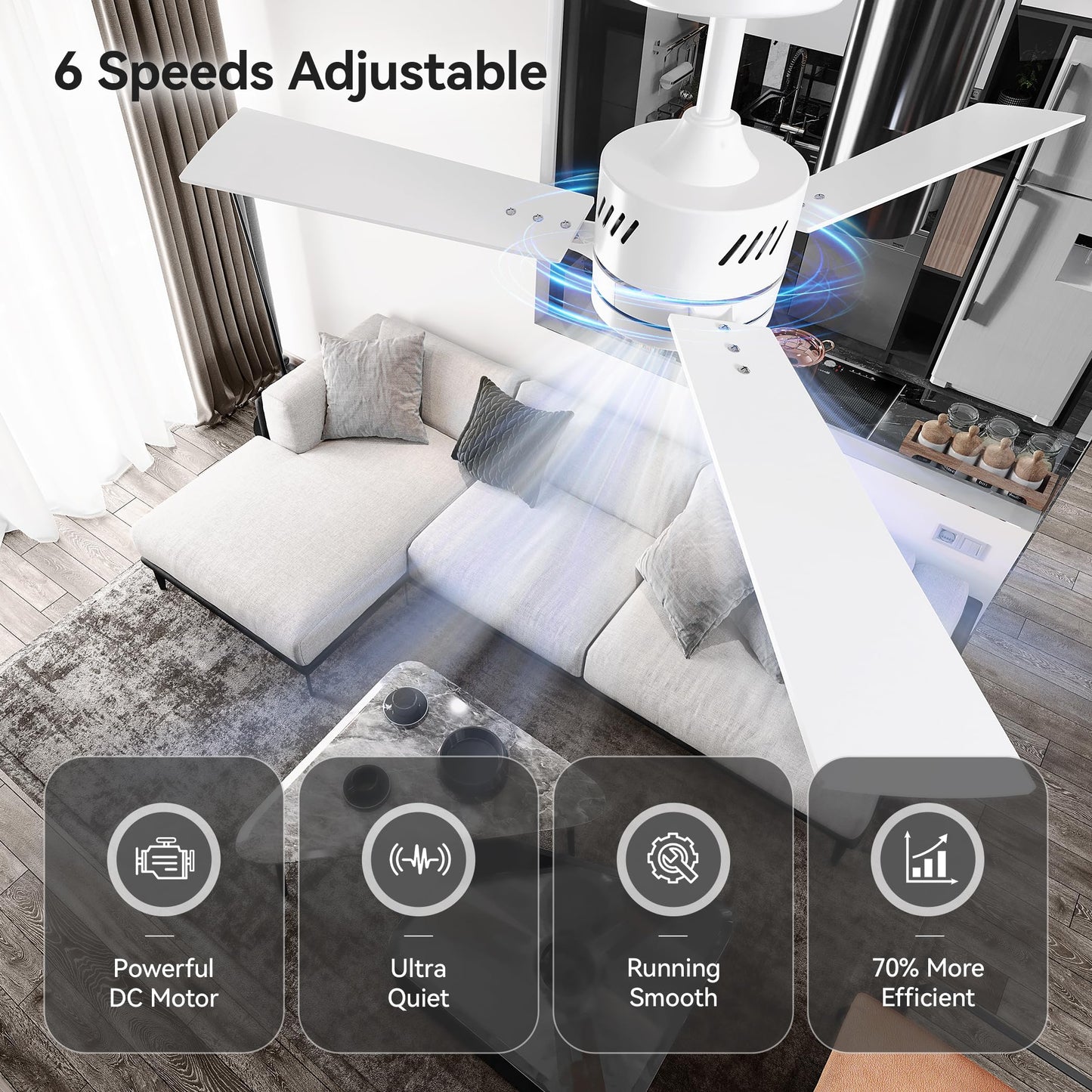 SUNMORY Ceiling Fans with Lights and Remote, 30 inch Low Profile Ceiling Fan with Light, Modern Flush Mount Ceiling Fan for Bedroom/Kitchen/Dining Room/Patio, 6 Wind Speeds, Dimmable, White