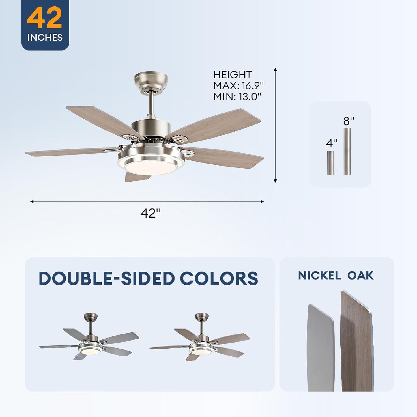 42 Inch Ceiling Fans with Lights and Remote/App Control, Modern Nickel