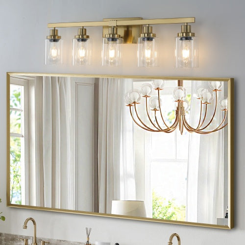 Gold 5 Light Vanity Light With Clear Glass Shade, Modern Iron Bathroom Wall Fixture For Bathroom & Dresser - No Bulbs