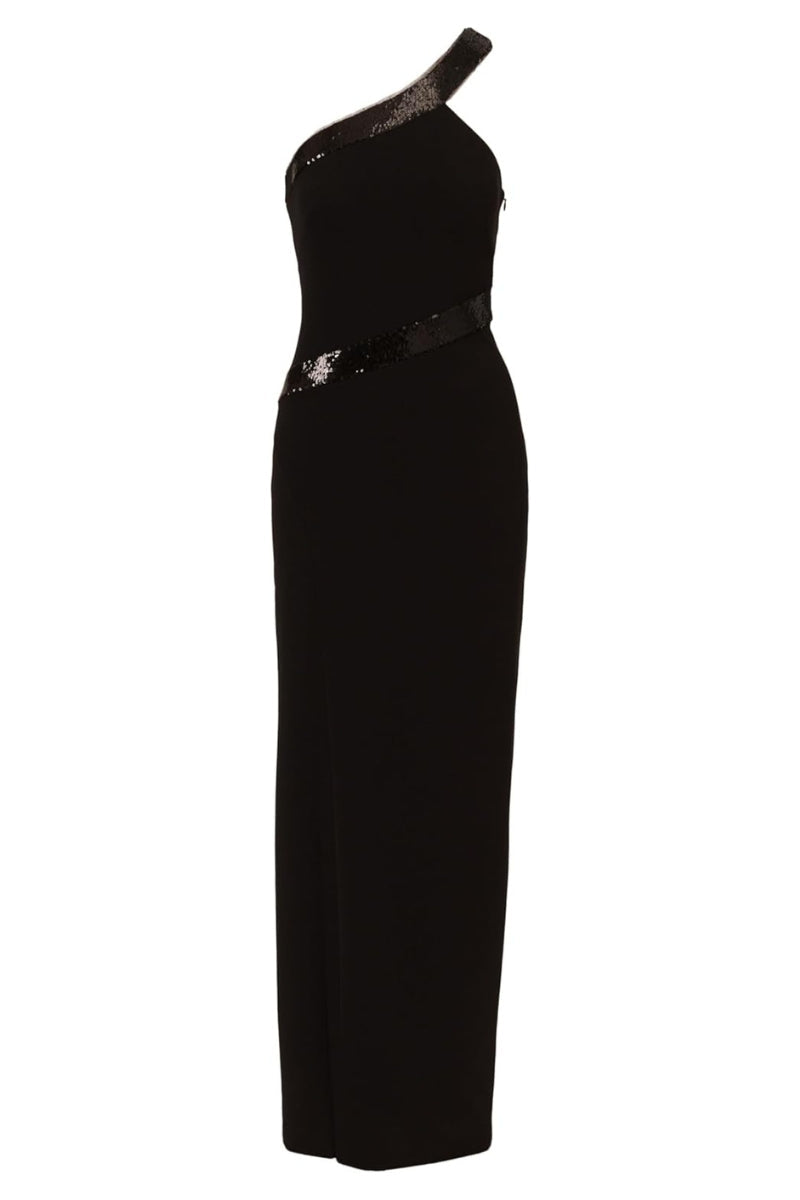 Adrianna Papell Asymmetric One-Shoulder Embellished Sequin Trim Side-Zip Closure Crepe Gown Dress-2