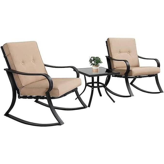 3-Piece Outdoor Patio Furniture Table Rocking Chairs Set with Beige Cushions-2