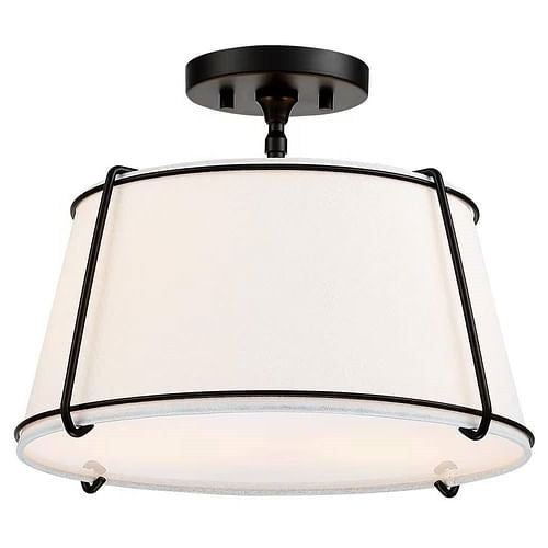 2-Light Round 15-inch White Drum Ceiling Light w/ Black Metal -