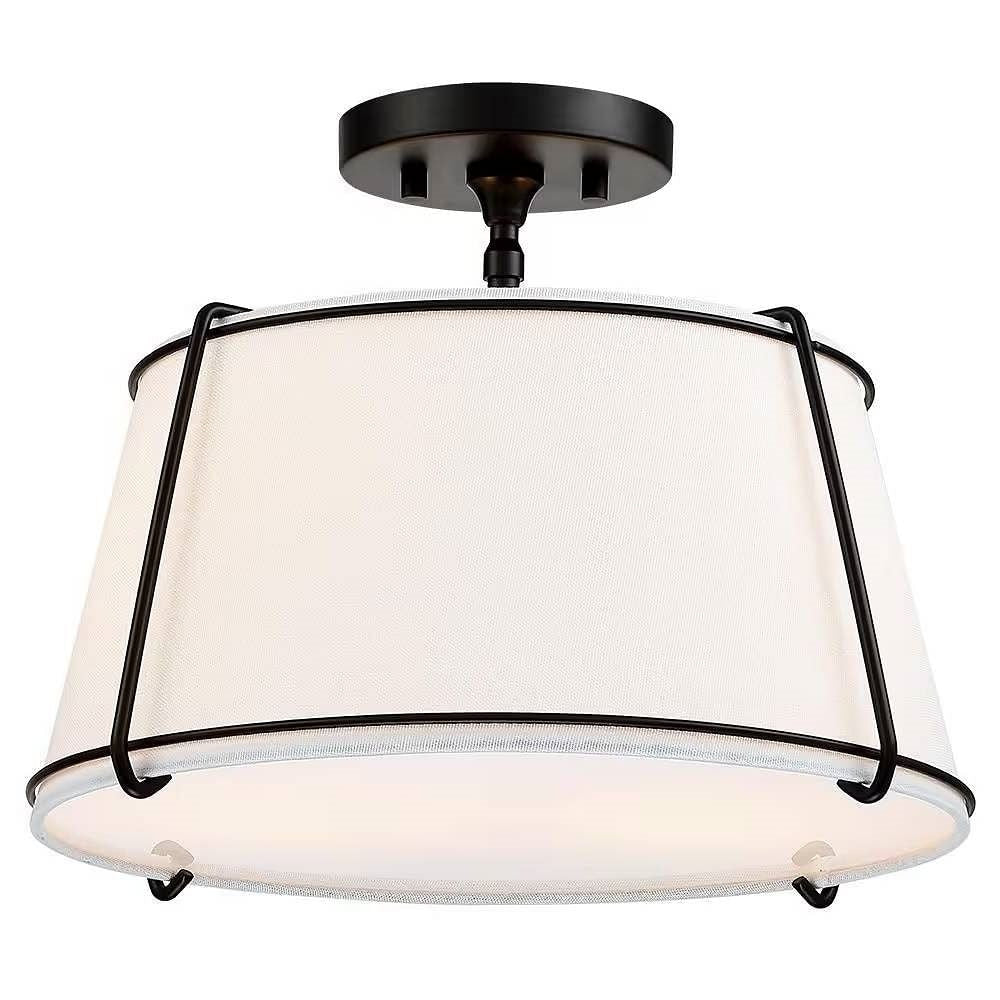 2-Light Round 15-inch White Drum Ceiling Light w/ Black Metal - Semi-Flush Mount-2