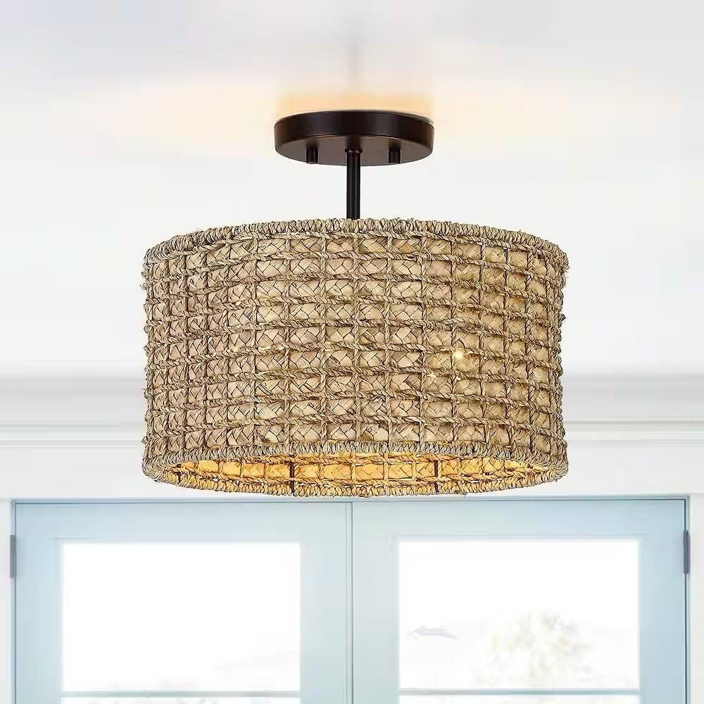 Bohemian 13.6-inch Round Rattan Drum 2-Light Ceiling Light - Semi-Flush Mount-2