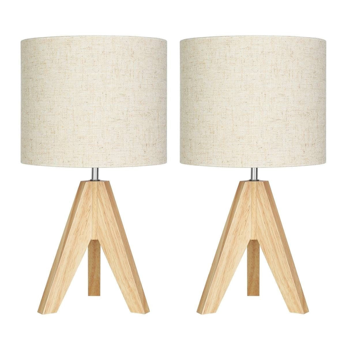 Set of 2 - Solid Wood Tripod Table Lamp with Beige Linen Drum Shade-2
