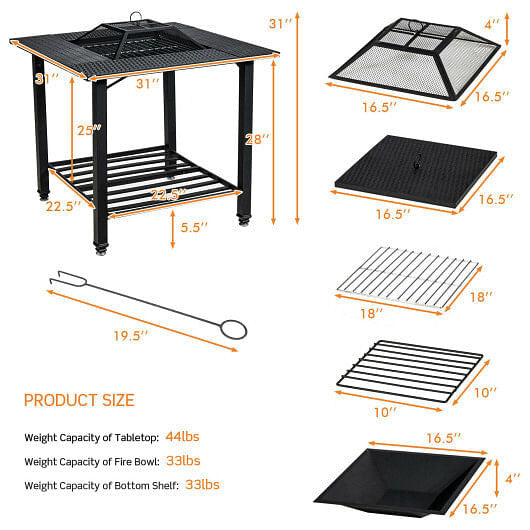 31 Inch Outdoor Fire Pit Dining Table with Cooking BBQ Grate-4