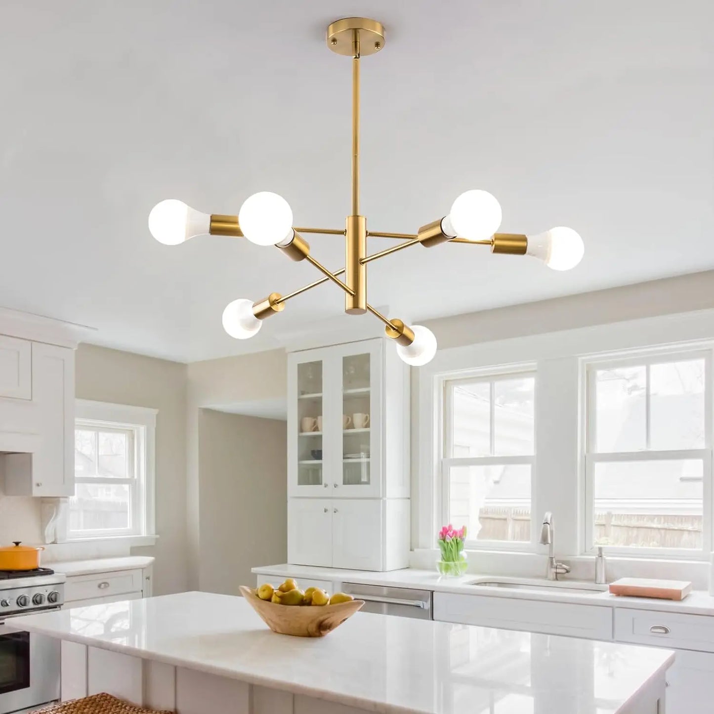 Sputnik Chandelier,Gold Modern Industrial Chandeliers 6-Light,Mid Century Ceiling Lighting Fixture for Living Room,Kitchen