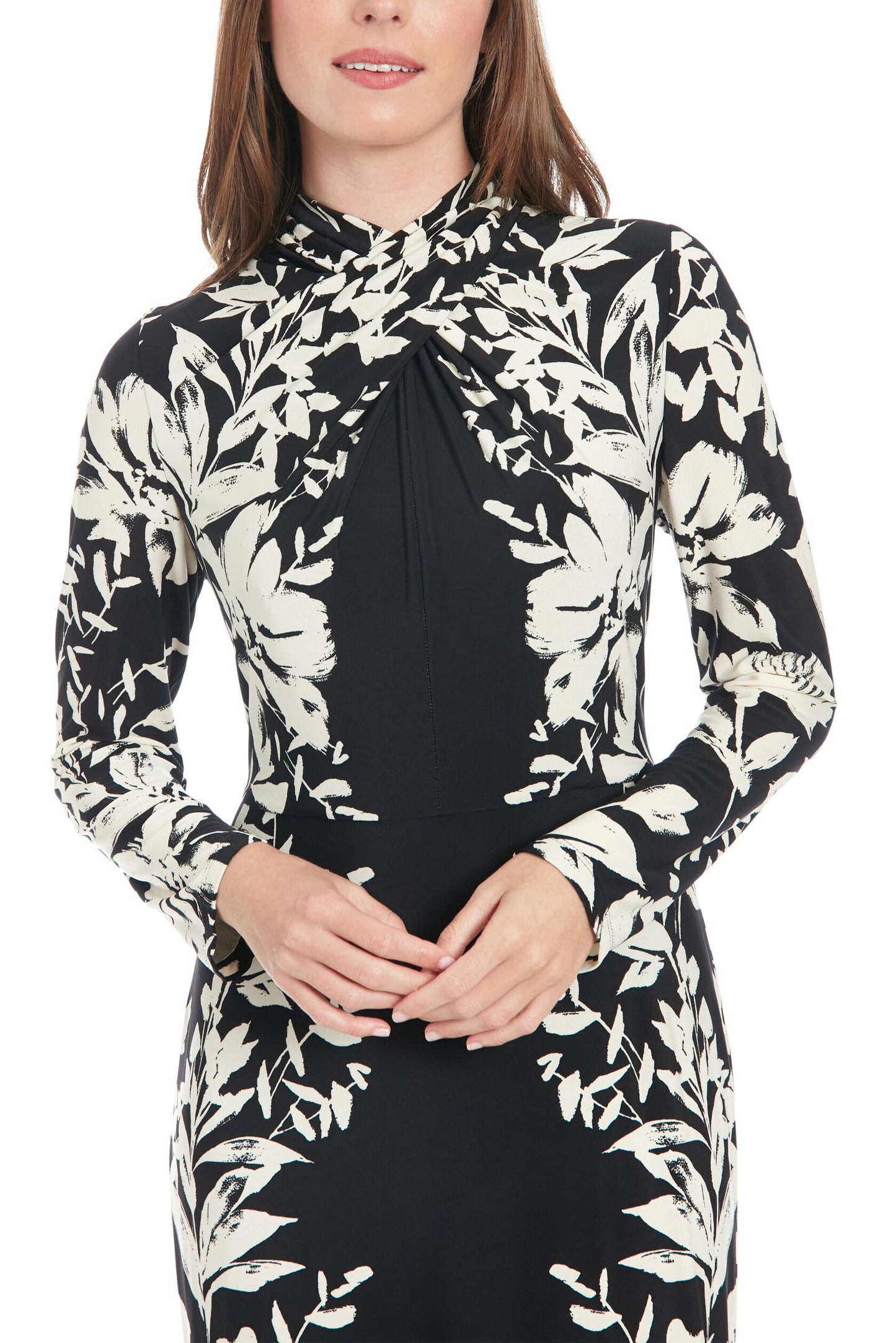 London Times Floral High Mock Crossover Neckline Long Elasticated Cuffs Sleeves Zipper Closure Sheer Overlay Flounce Hemline Fit Sheath Midi Dress-3