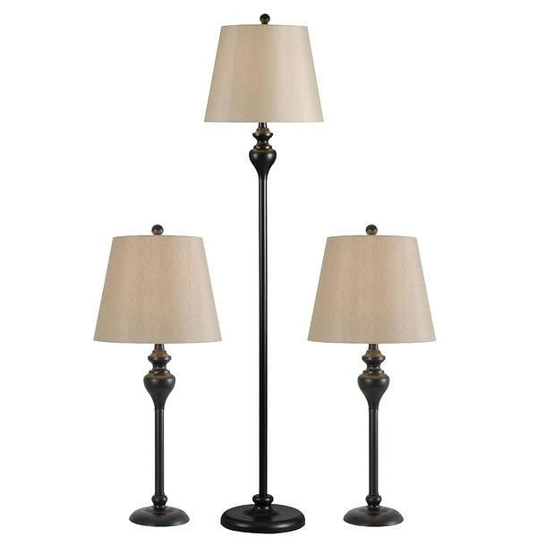 3-Piece Floor Lamp and Table Desk Lamp Set in Black with Light Gold Drum Shades-2