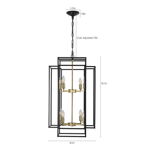8 Lights Black & Gold Lantern Tiered Chandelier, Industrial Farmhouse Chandelier - No Bulbs