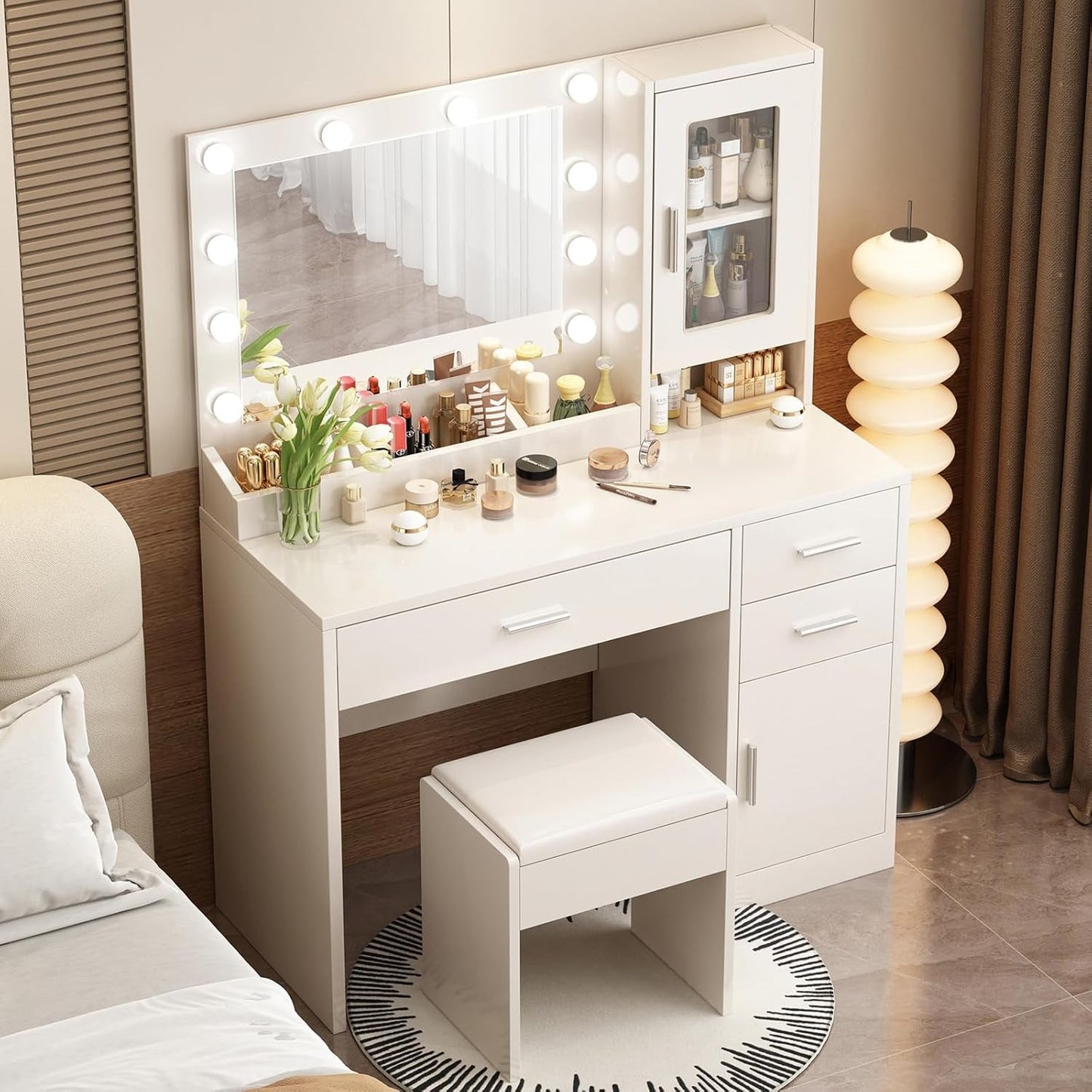 Premium Pearl White Vanity Desk With LED Lighting Options-4