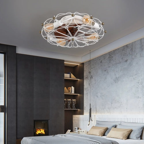 Low Profile Cage Ceiling Fan With Light Remote Control, Built-in Modern Industrial Ceiling Fan