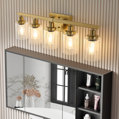 Gold 5 Light Vanity Light With Clear Glass Shade, Modern Iron Bathroom Wall Fixture For Bathroom & Dresser - No Bulbs