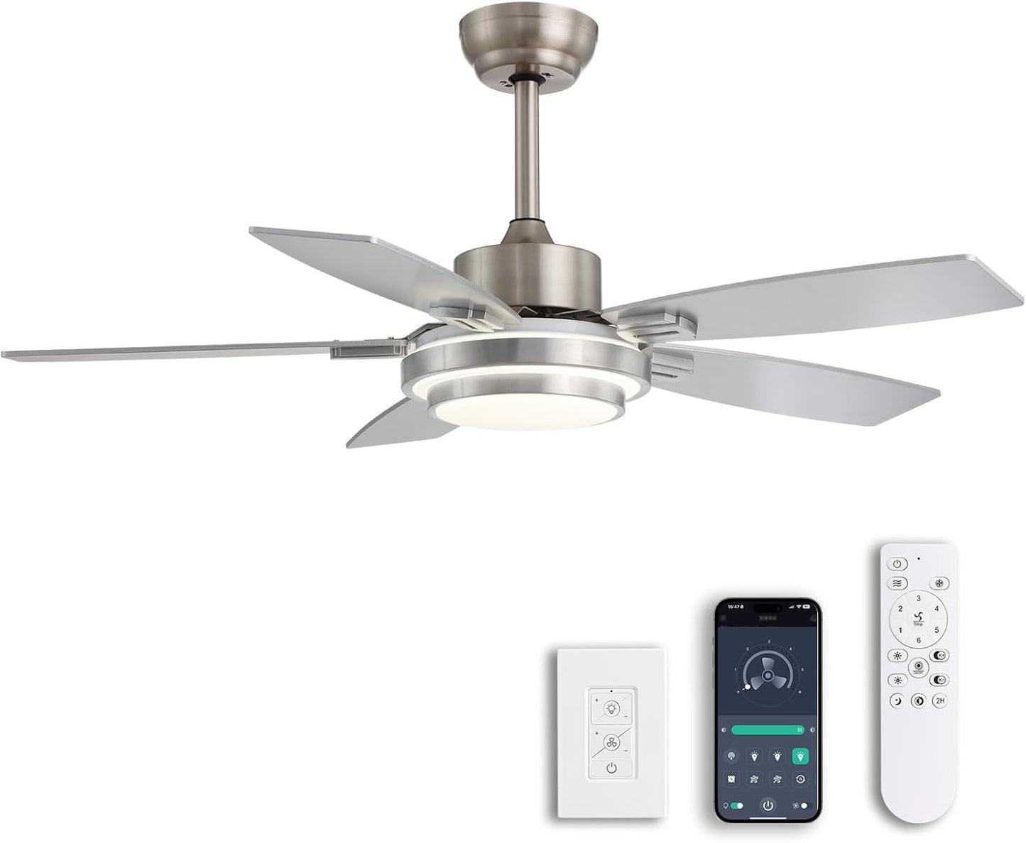 42 Inch Ceiling Fans with Lights and Remote/App Control, Modern Nickel