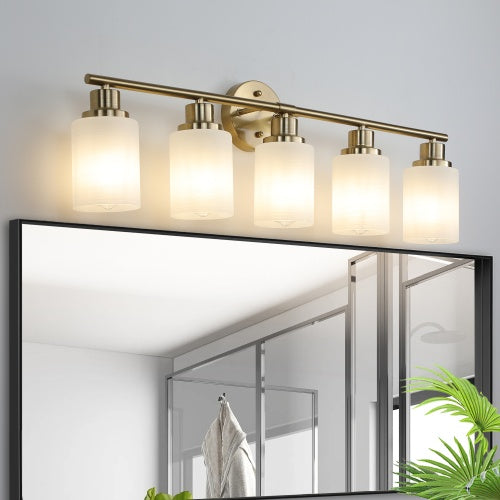 5 Lamps Gold Bathroom Vanity Lamp, Frosted Glass Shade, Modern Wall Mounted Lighting - No Bulbs
