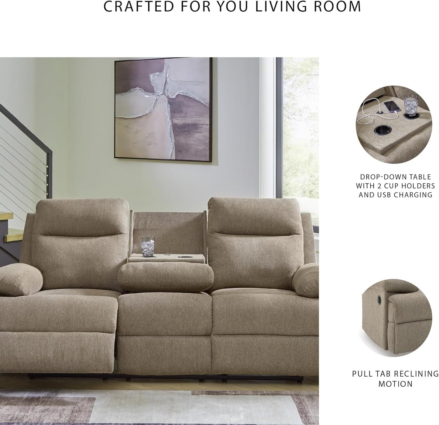 Light Brown Chenille Upholstered Sofa USB Charging-4
