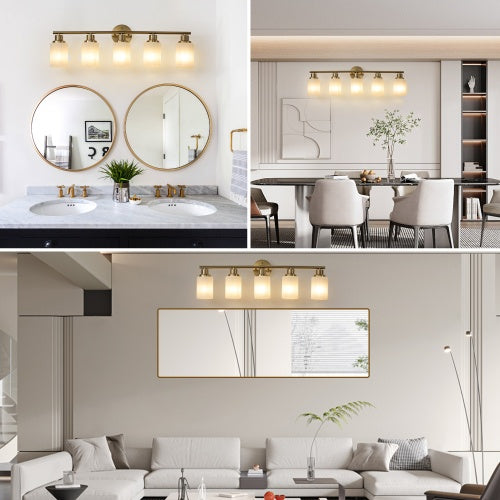 5 Lamps Gold Bathroom Vanity Lamp, Frosted Glass Shade, Modern Wall Mounted Lighting - No Bulbs