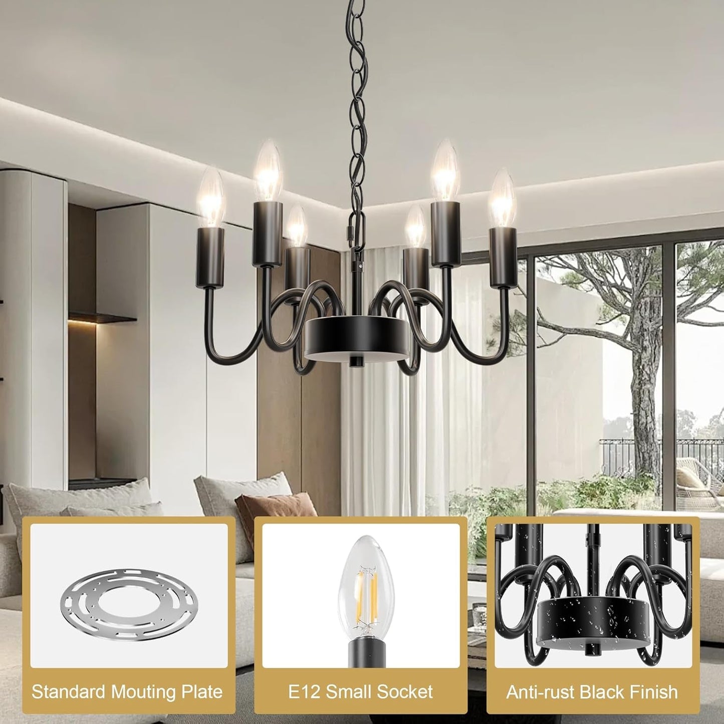 Black Industrial Farmhouse Chandelier With Adjustable Rope-4
