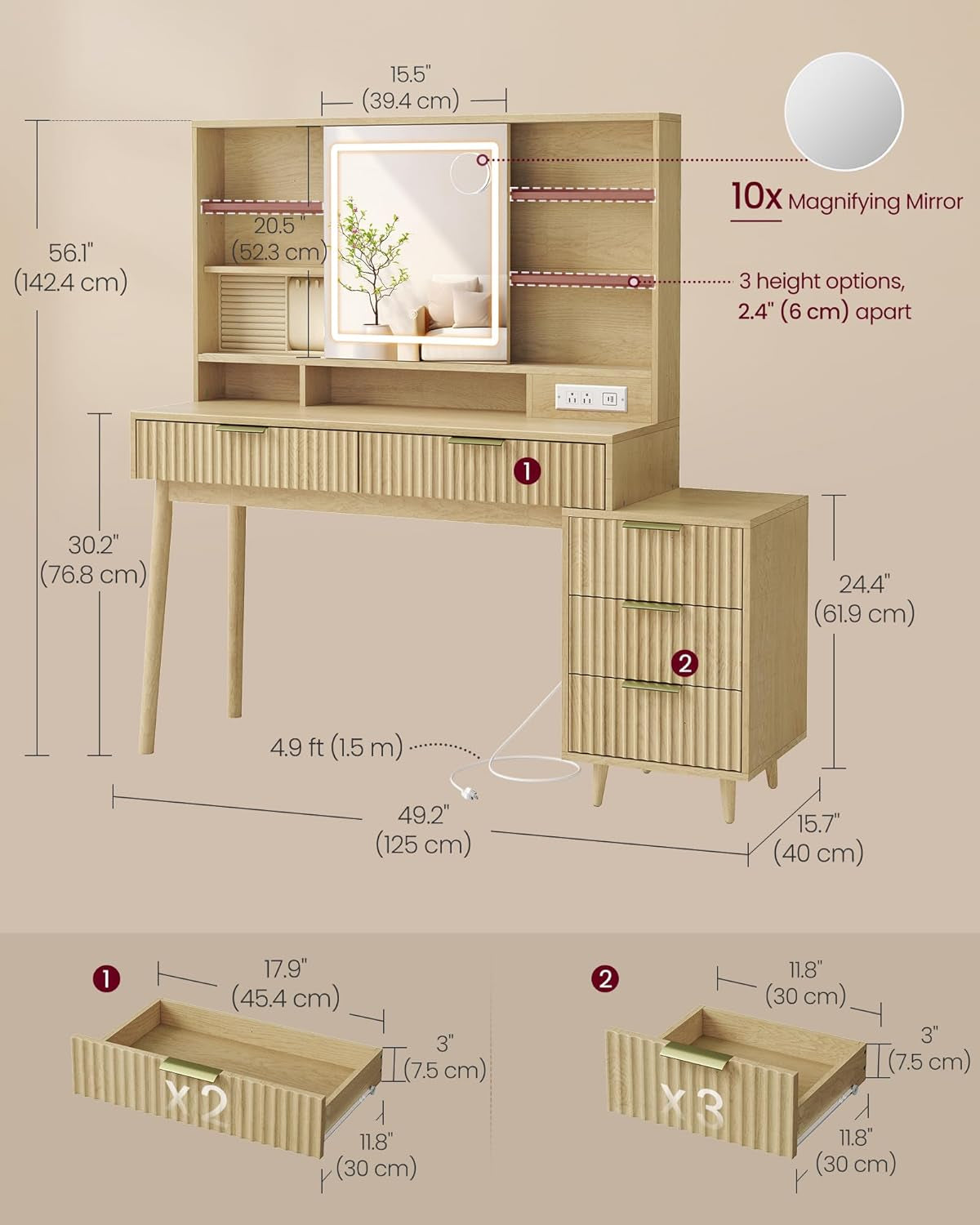 Beige Vanity Desk 10X Mirror Integrated LED Lighting-4