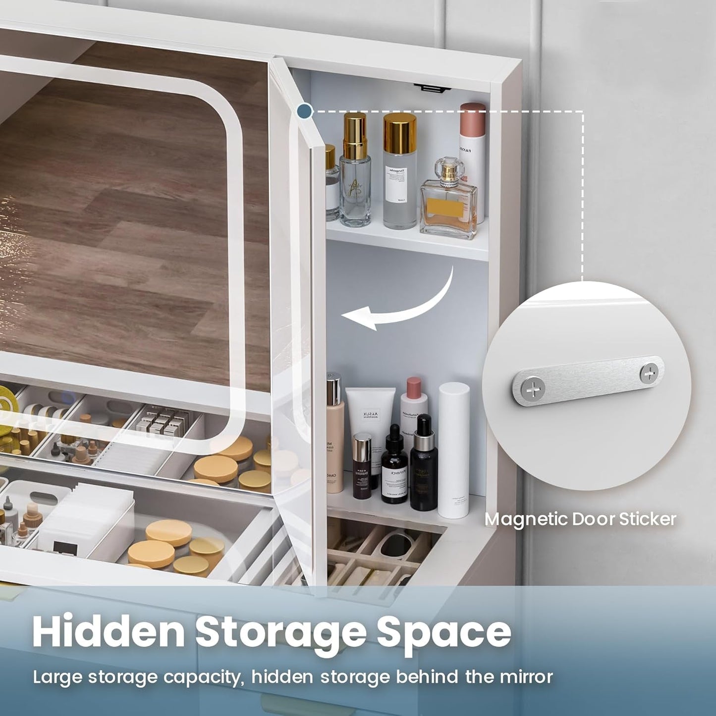 White Glass Top Vanity Desk With Integrated Lighting-4