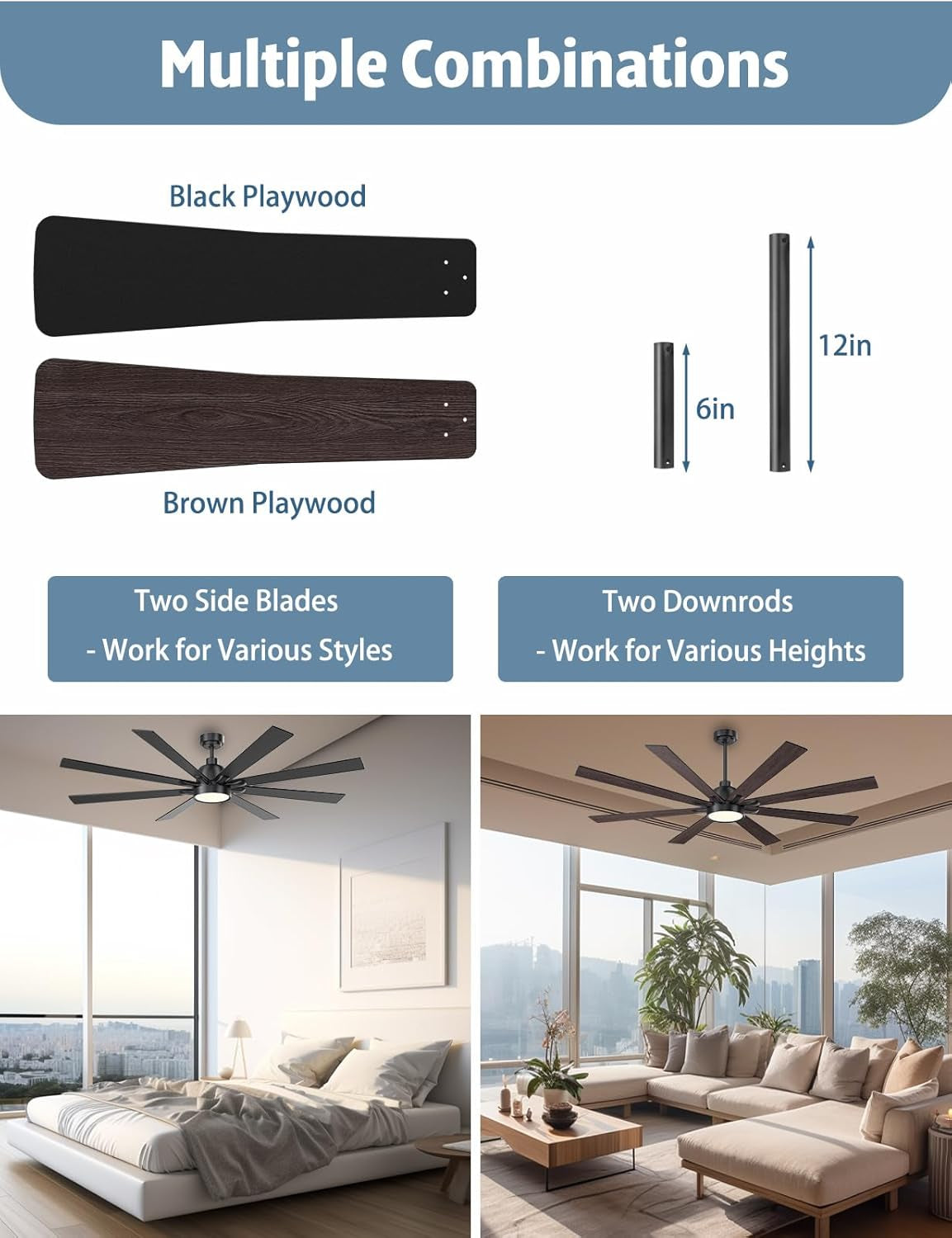 62 Inch Large Ceiling Fans with Lights and Remote - Wood/Matte Black