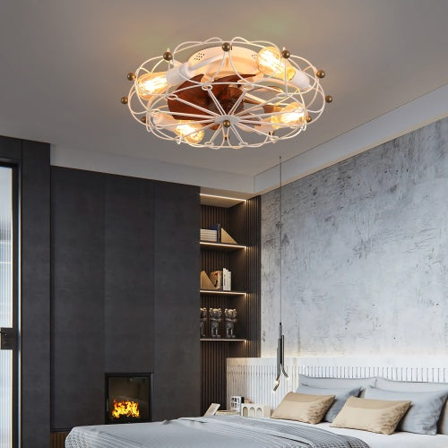 Low Profile Cage Ceiling Fan With Light Remote Control, Built-in Modern Industrial Ceiling Fan