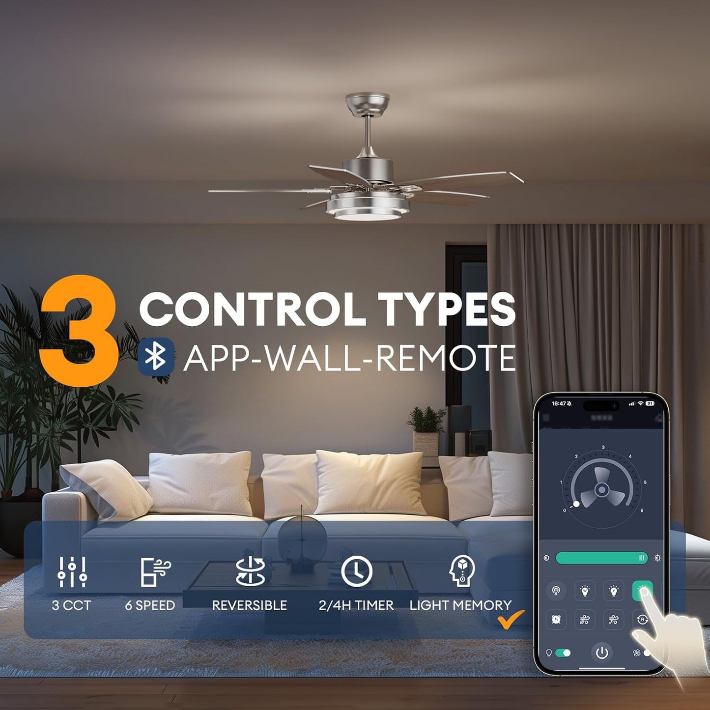 42 Inch Ceiling Fans with Lights and Remote/App Control, Modern Nickel