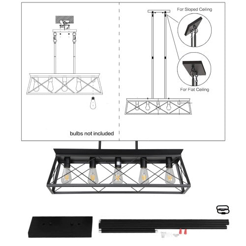 5 Lamps Farmhouse Chandelier For Dining Room, Metal Rustic Chandelier Island Lamp, Modern Rectangular Island Lamp For Kitchen, Living Room Pure Black - No Bulbs