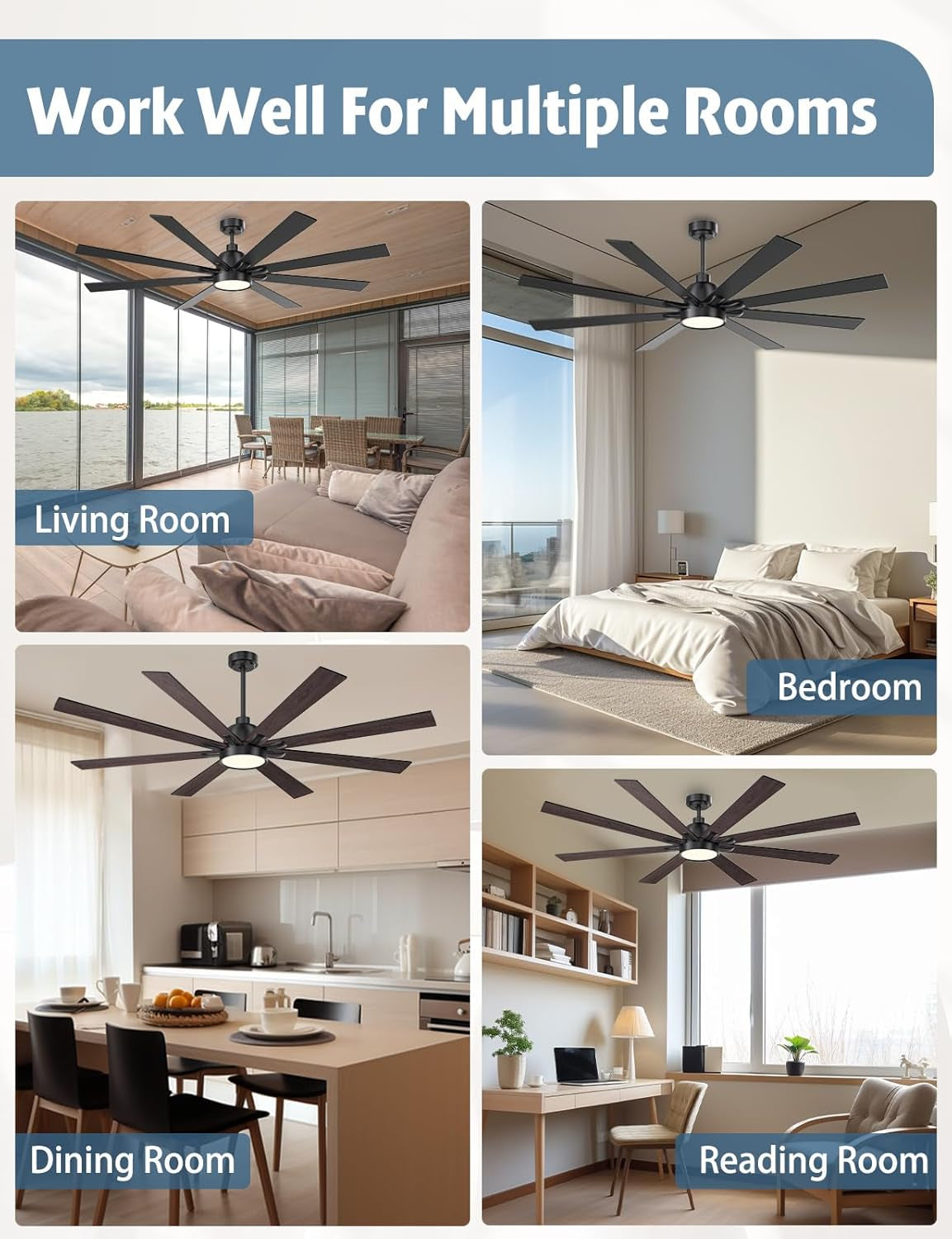 62 Inch Large Ceiling Fans with Lights and Remote - Wood/Matte Black