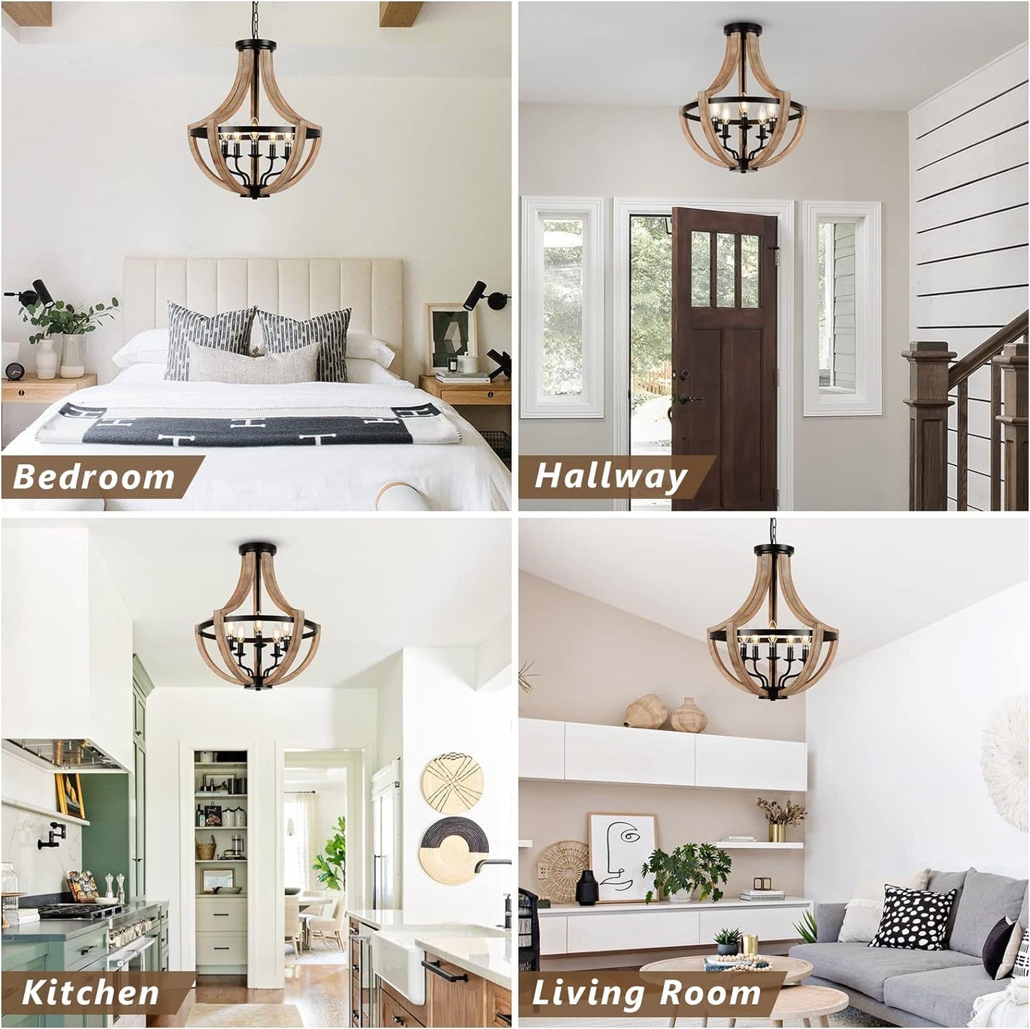 Solid Wood Modern Chandelier For Dining Room, Living Room, Kitchen, Island, Bedroom, Foyer, Height Adjustable, Brown