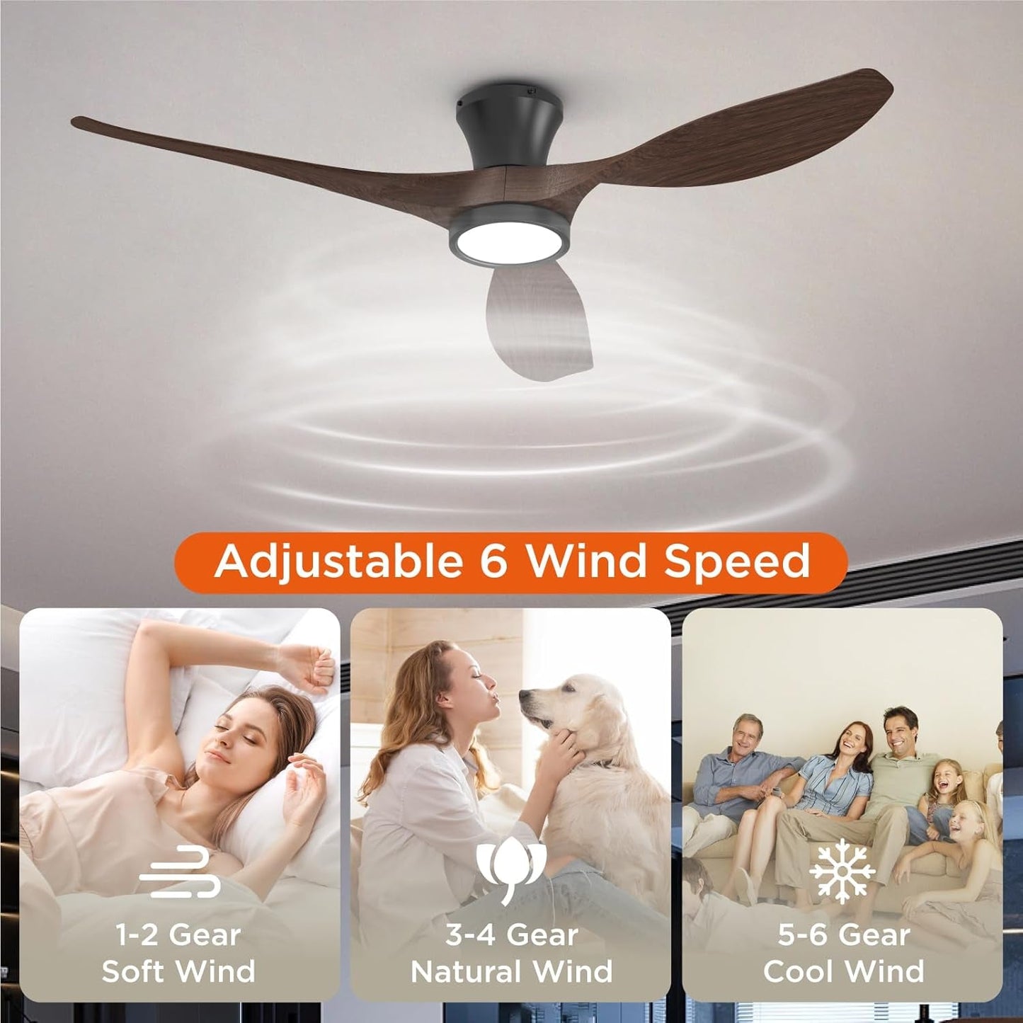 52 Inch Ceiling Fans with Led Lights Remote Control Flush Mount Low