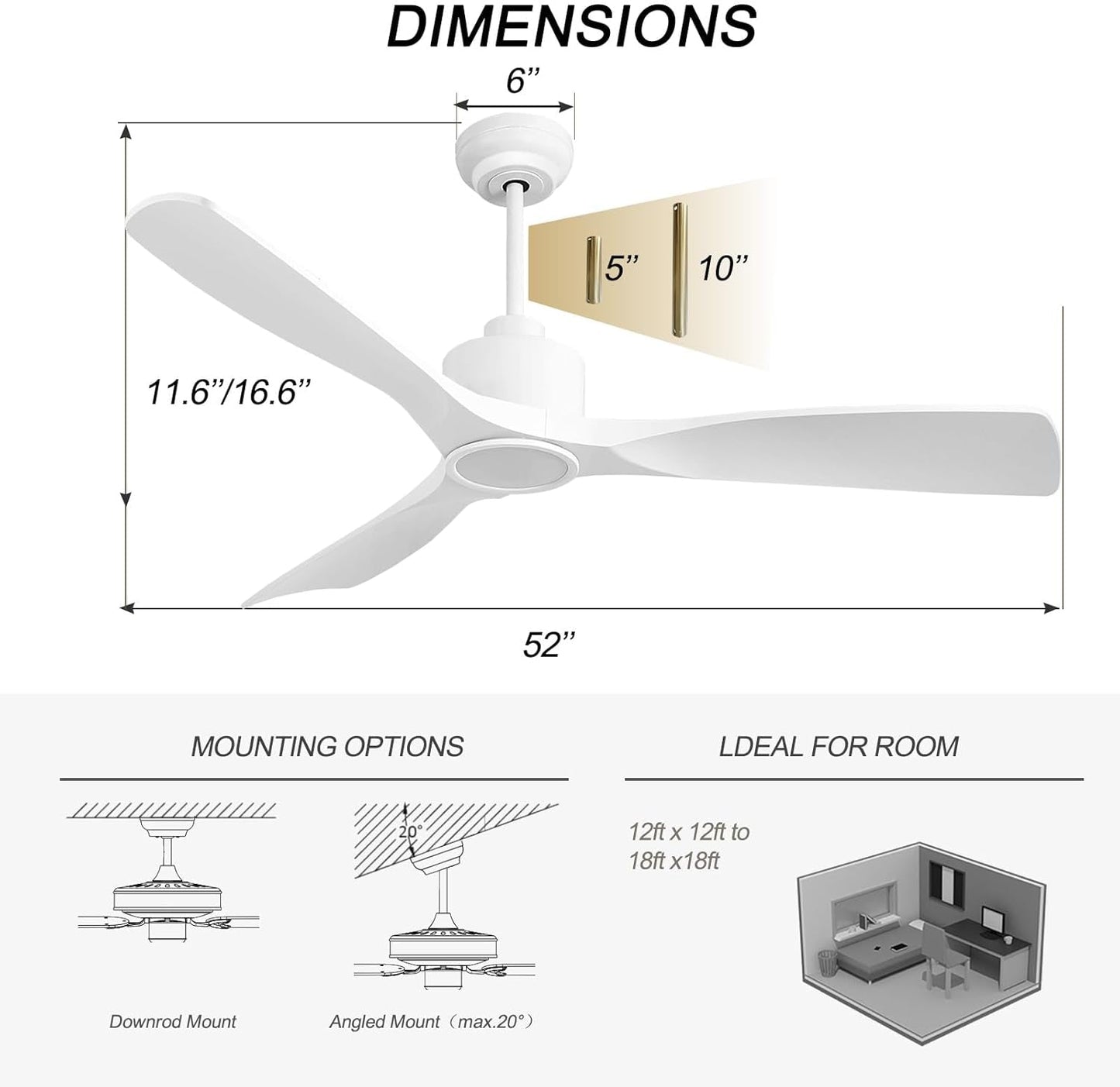 52 Inch Smart Ceiling Fan with Quiet DC Motor, 3 Blade High CFM Indoor