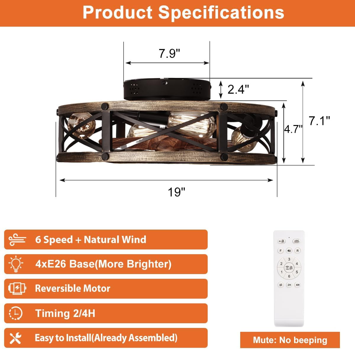 Farmhouse Flush Mount Caged Ceiling Fans with Lights, 6 Speeds, Rustic