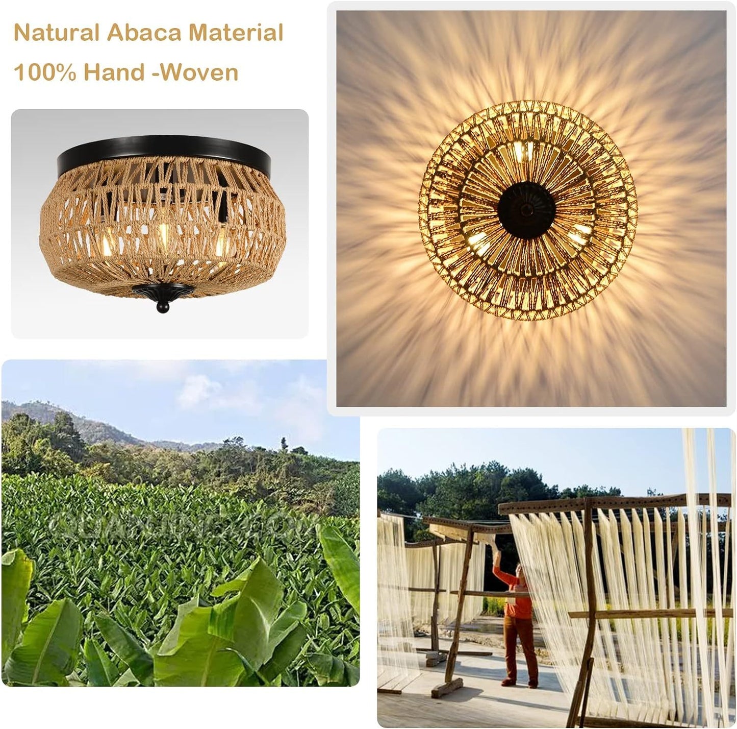 3 Lamp Woven Rattan Recessed Chandelier Lamp Fixture With Handmade Cage Lampshade For Bedroom, Kitchen, Hallway, Porch