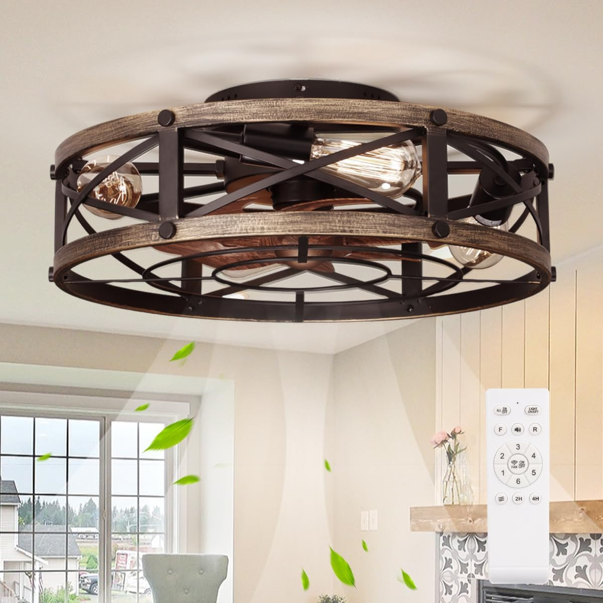 Farmhouse Flush Mount Caged Ceiling Fans with Lights, 6 Speeds, Rustic