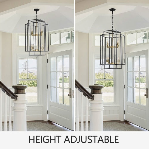 8 Lights Black & Gold Lantern Tiered Chandelier, Industrial Farmhouse Chandelier - No Bulbs