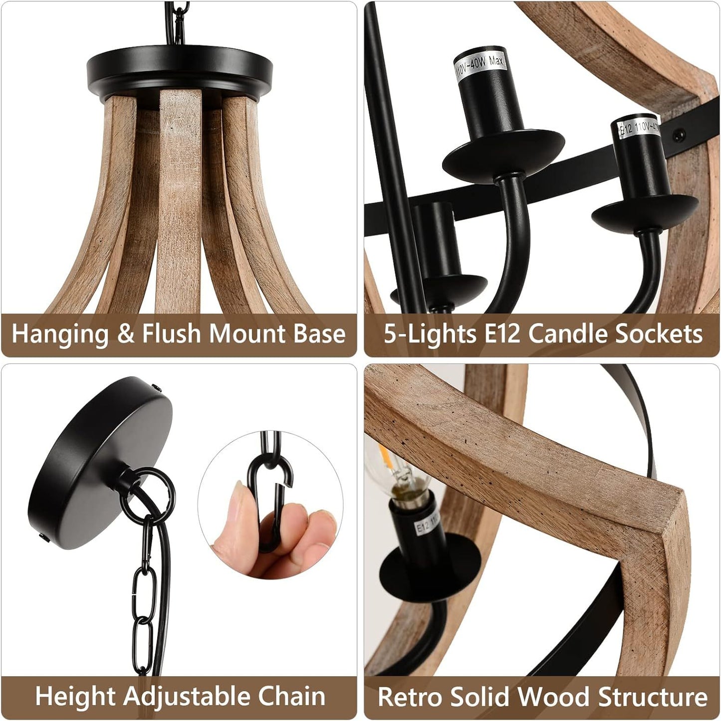 Solid Wood Modern Chandelier For Dining Room, Living Room, Kitchen, Island, Bedroom, Foyer, Height Adjustable, Brown