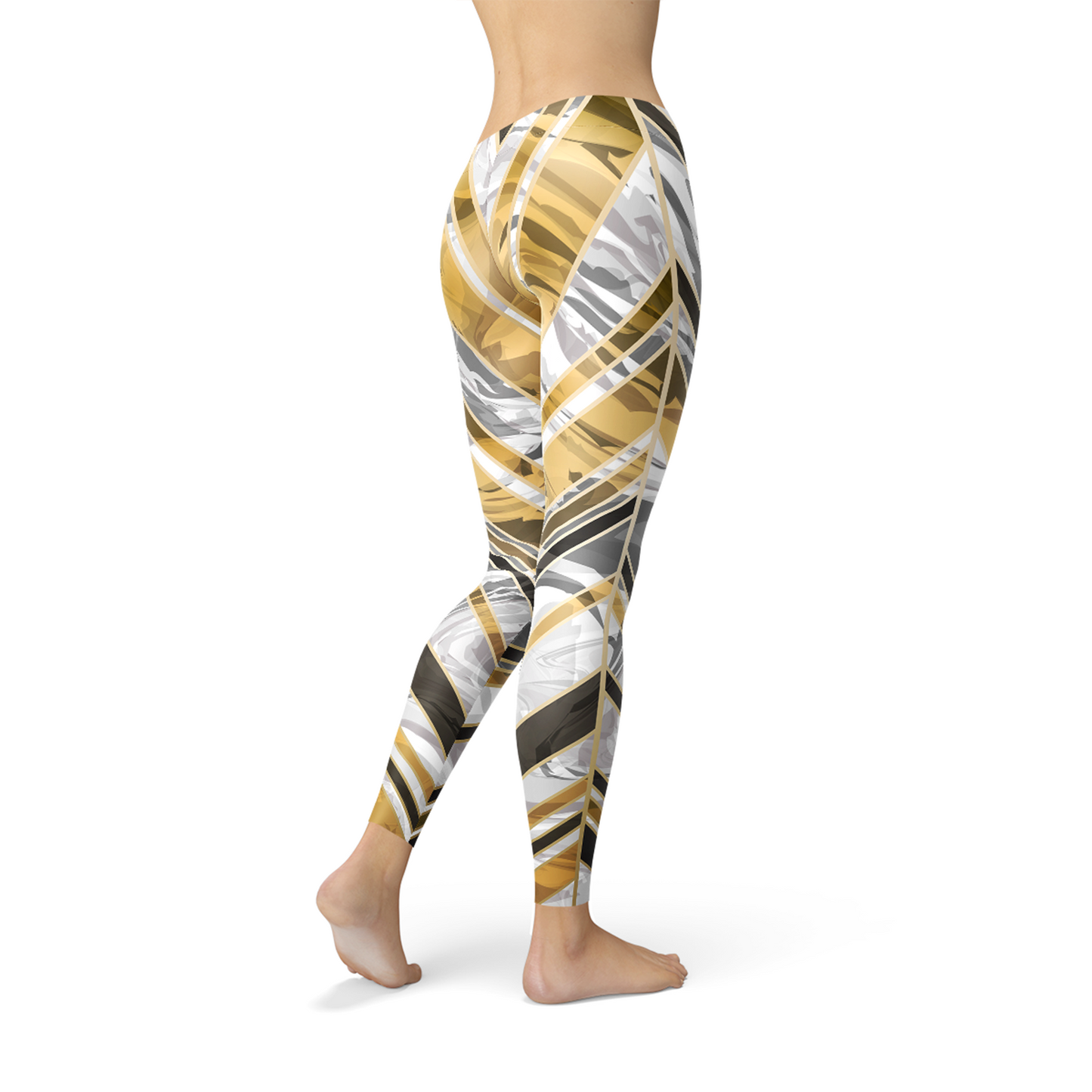 Women White Marble w/ Black Gold Lines Leggings