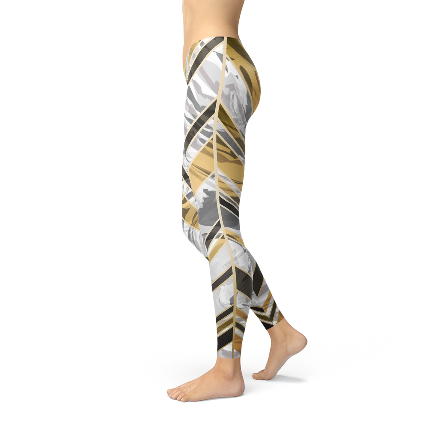 Women White Marble w/ Black Gold Lines Leggings