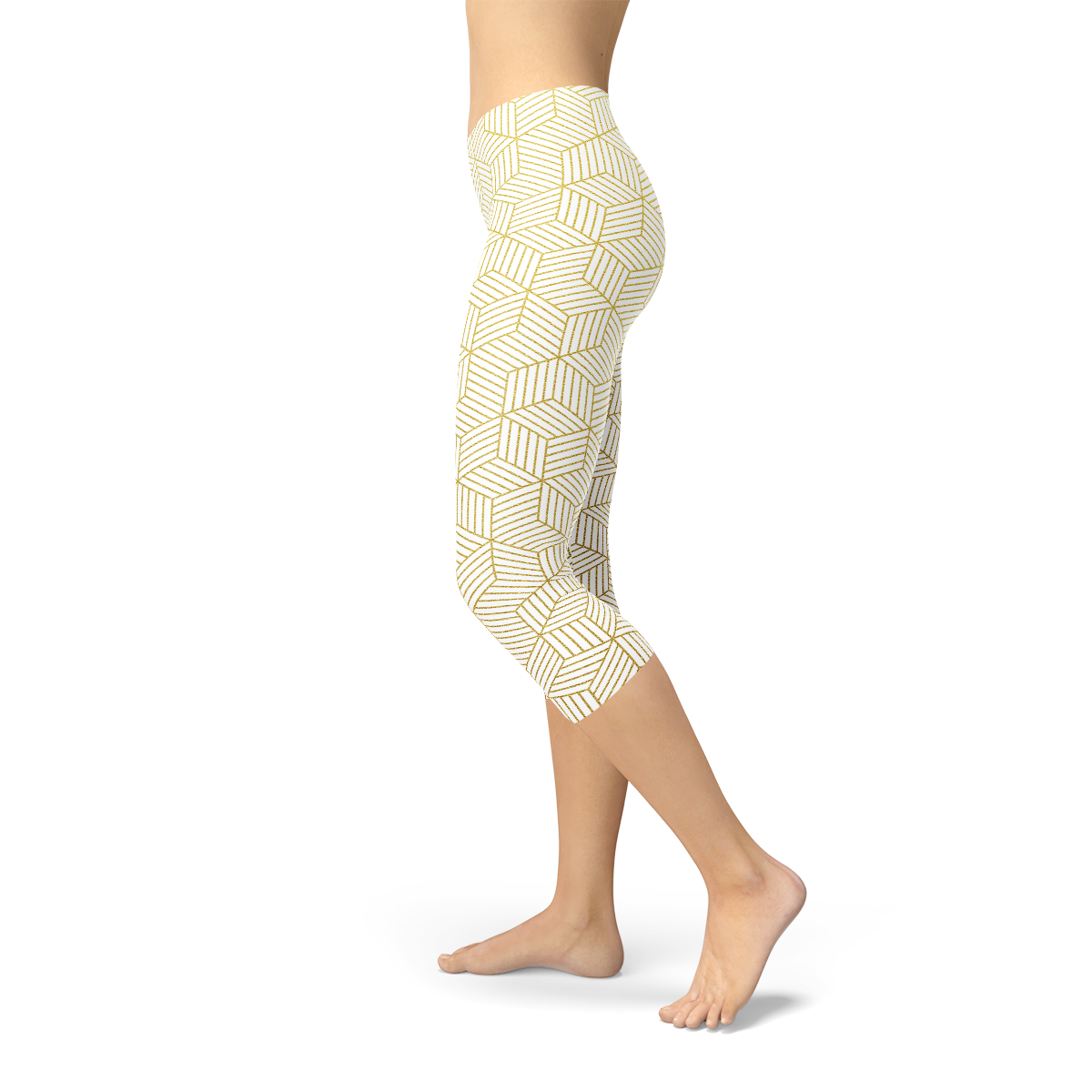 Women White Capri Leggings w/ Geometric Cubes