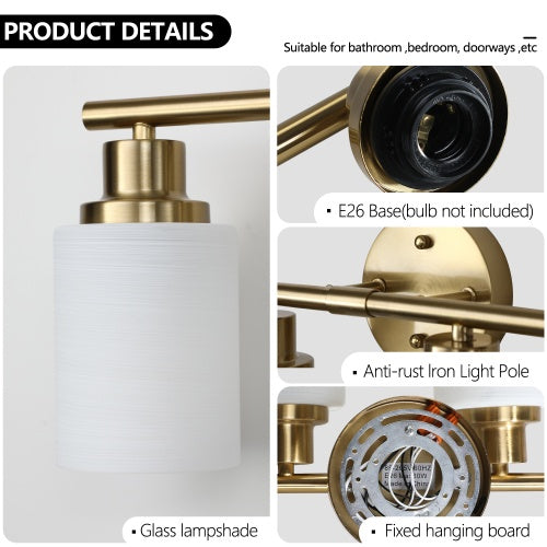 5 Lamps Gold Bathroom Vanity Lamp, Frosted Glass Shade, Modern Wall Mounted Lighting - No Bulbs