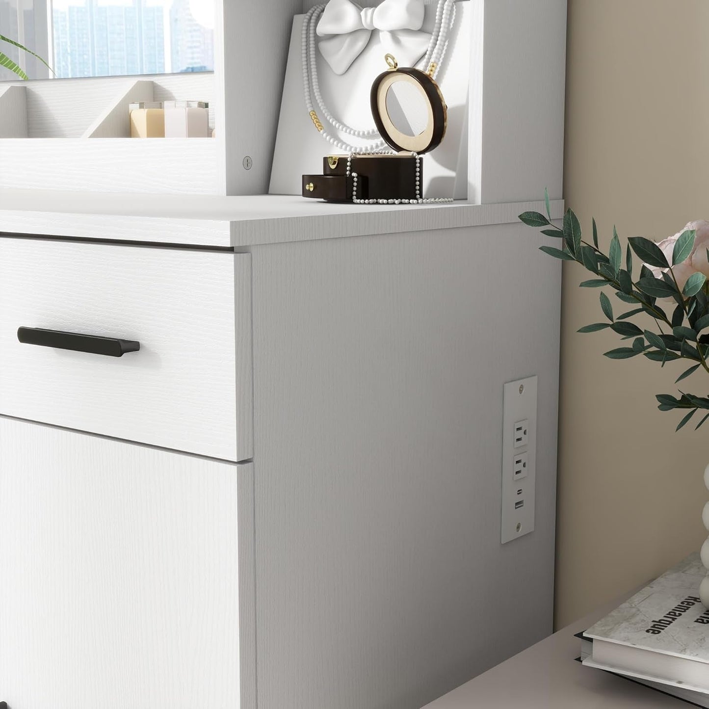 White Vanity Desk With Premium LED Lighting Storage-4