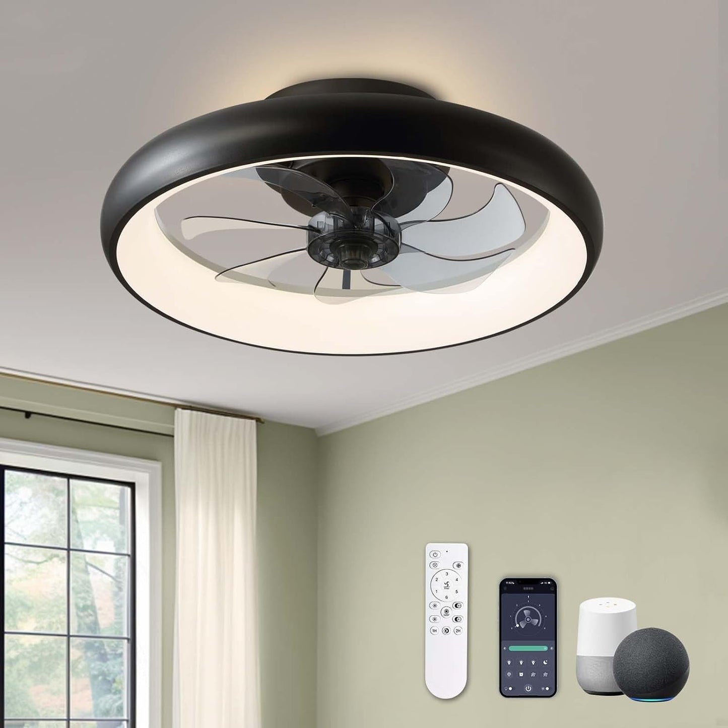 Ceiling Fans with Lights, Flush Mount Ceiling Fan with Alexa/Google